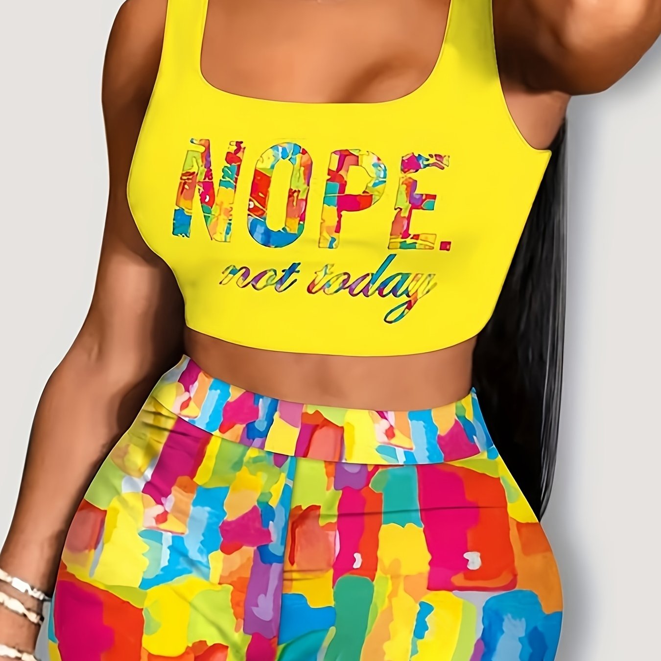 Letter Print Crop Tank Top & Allover Print Biker Shorts Set