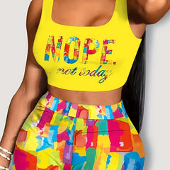 Letter Print Crop Tank Top & Allover Print Biker Shorts Set
