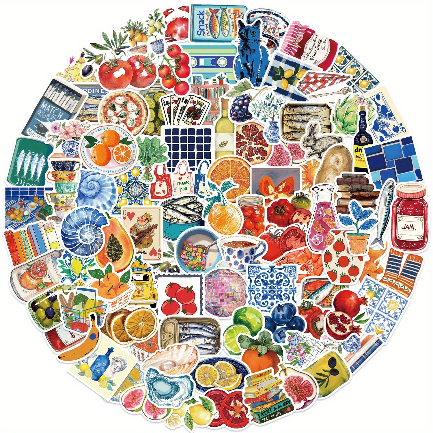 100pcs Mediterranean Food & Sea Life Cartoon Stickers Reusable Vinyl Decals