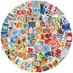 100pcs Mediterranean Food & Sea Life Cartoon Stickers Reusable Vinyl Decals