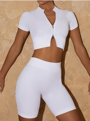 Ribbed Knit Crop Top Full Zip Short Sleeve Yoga Shirt
