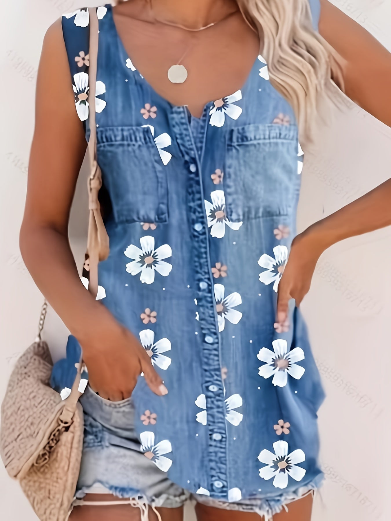 Denim & Flower Print Tank Top Sleeveless Crew Neck Casual Top