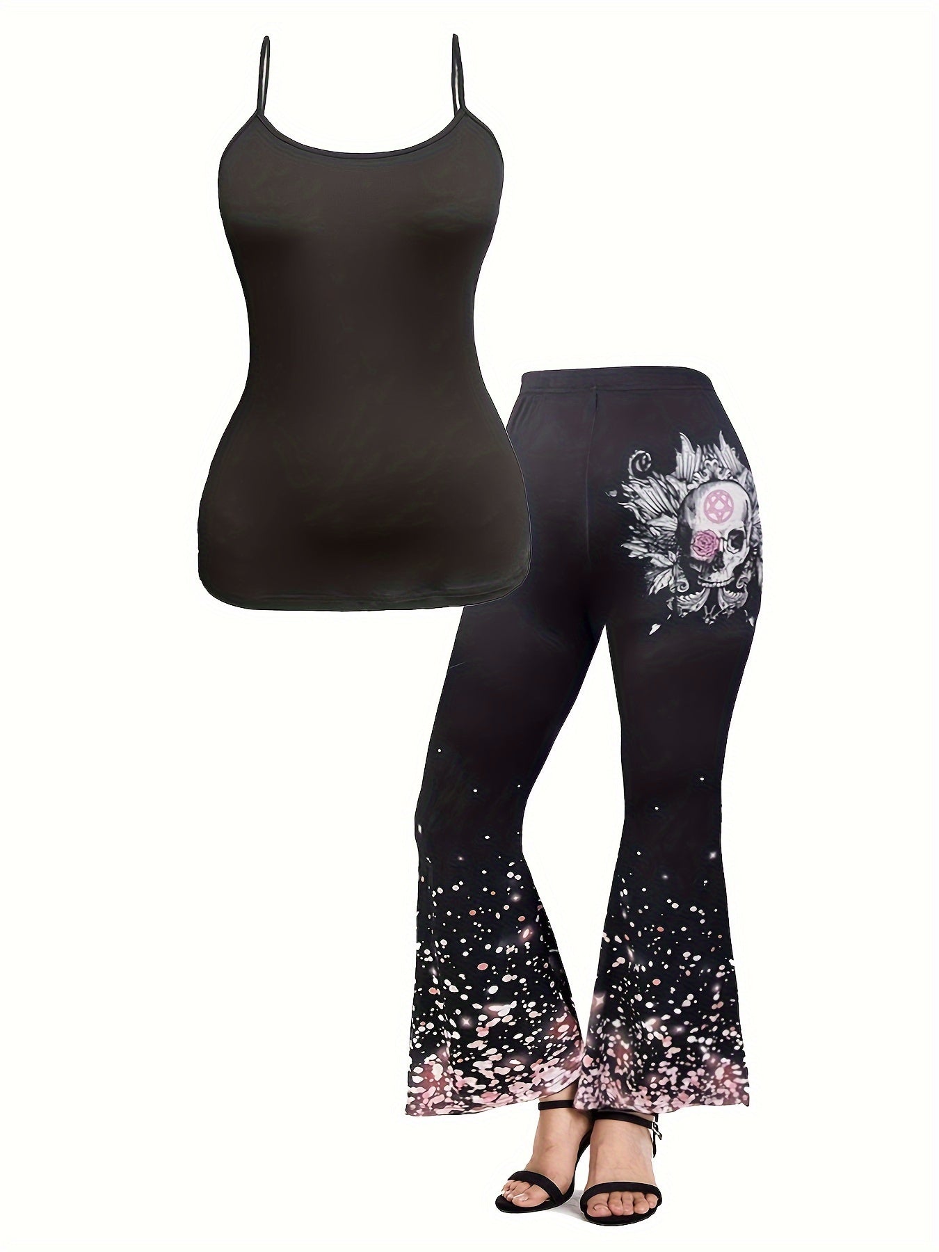 Floral & Skull Print Flared Leg Pants & Cami Top Set