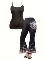 Floral & Skull Print Flared Leg Pants & Cami Top Set