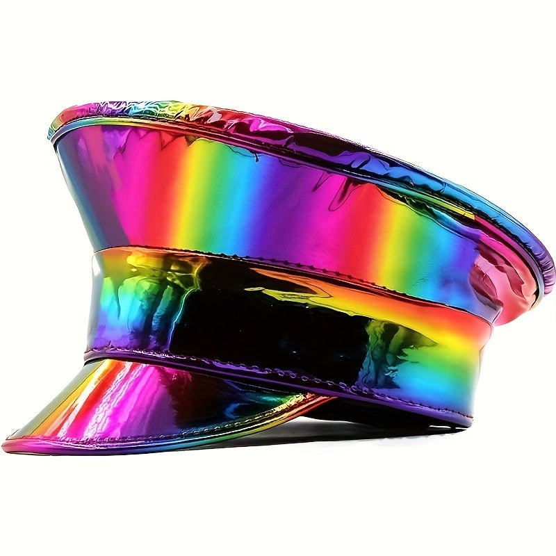 Rainbow Holographic Captain Hat Laser PU Military Hat Hip Hop Beret