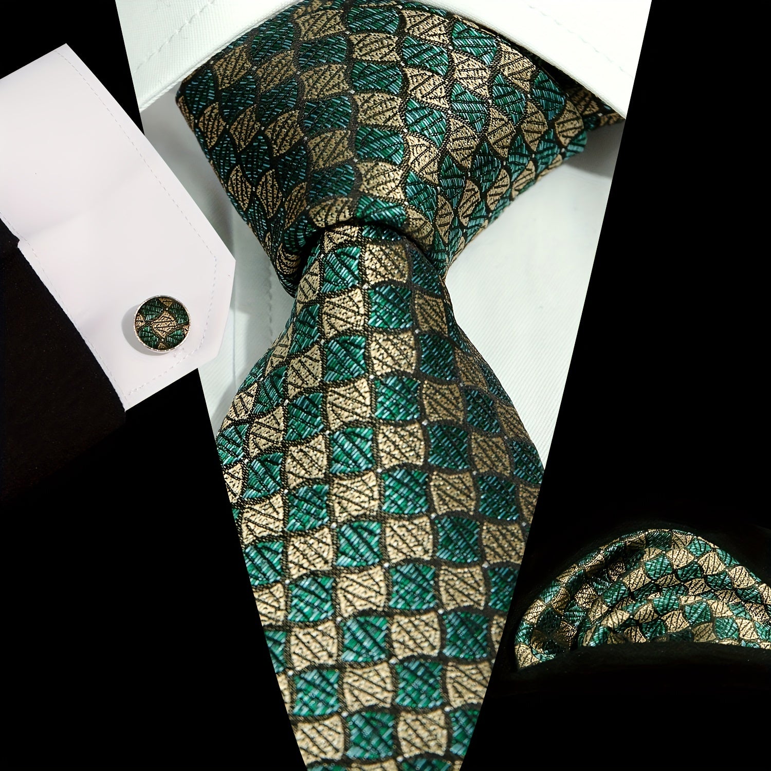 Men's Tie Set Plaid Striped Necktie Pocket Square Cufflinks Set