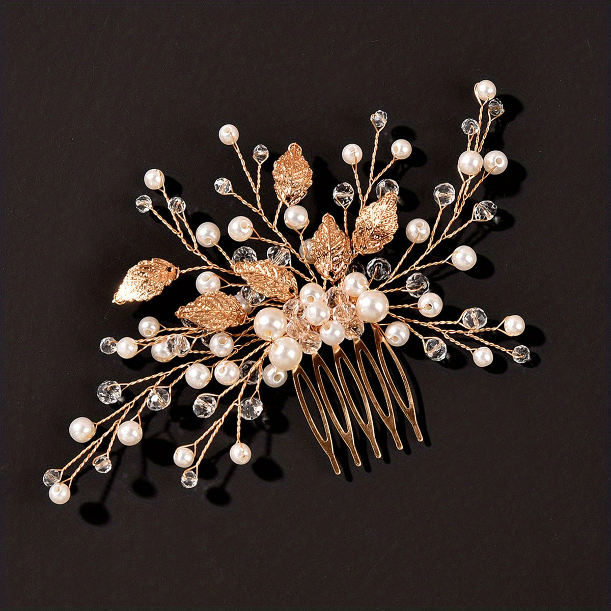 Bridal Wedding Pearl Crystal Hair Comb Silvery Leaf Shape