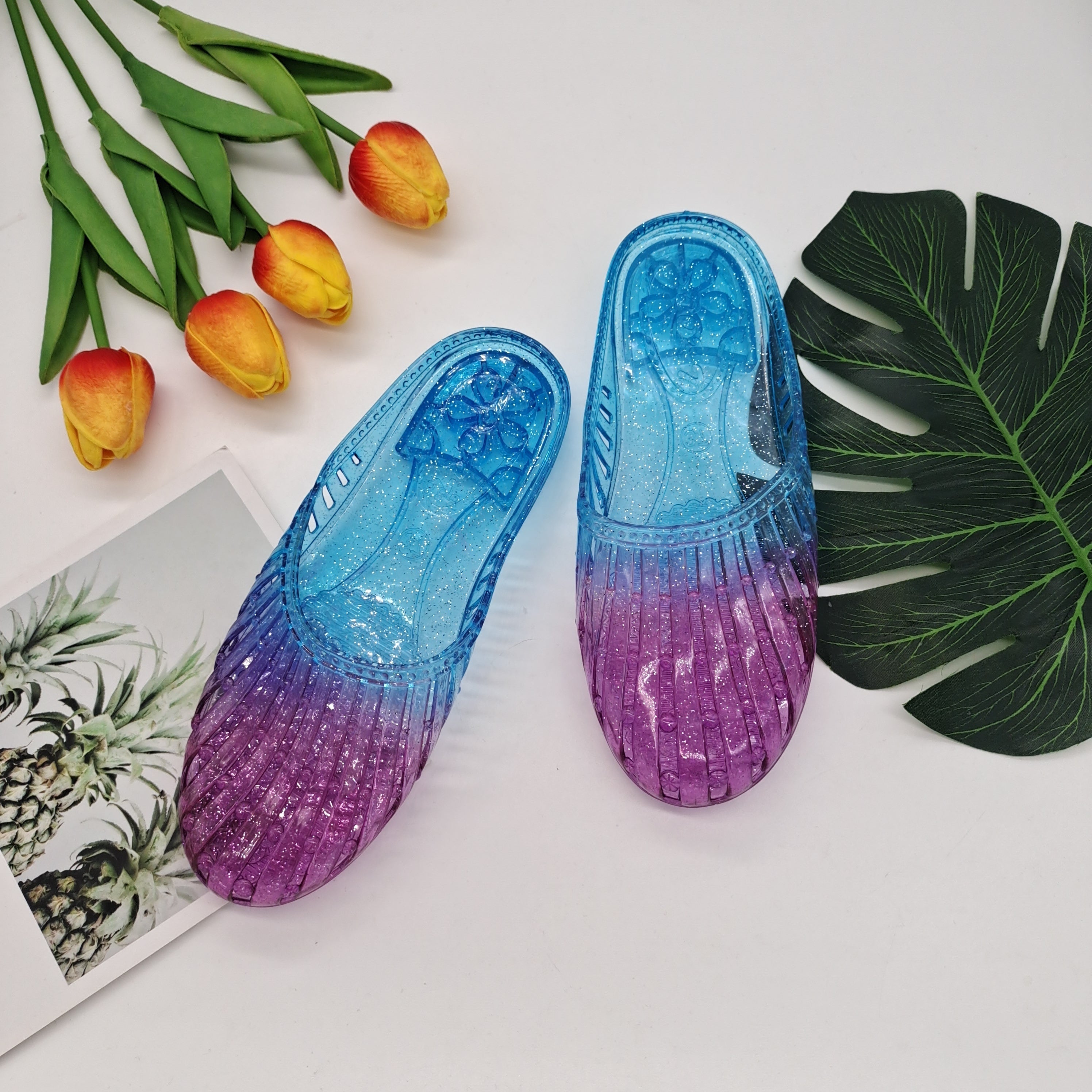 Women's Hollow Out Slides Closed Toe Flat Shoes Slip On Summer Shoes