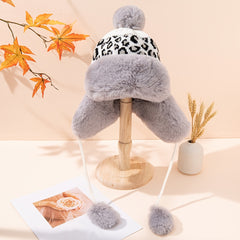 Leopard Print Fleece Lined Hat with Pom Pom