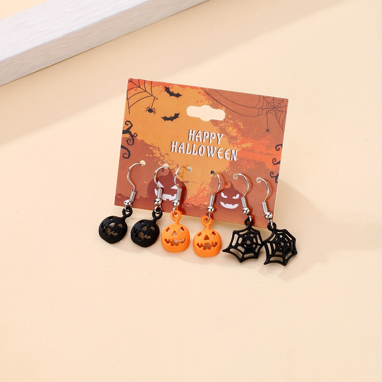 3 Pairs Halloween Pumpkin Spider Web Orange Earrings Set