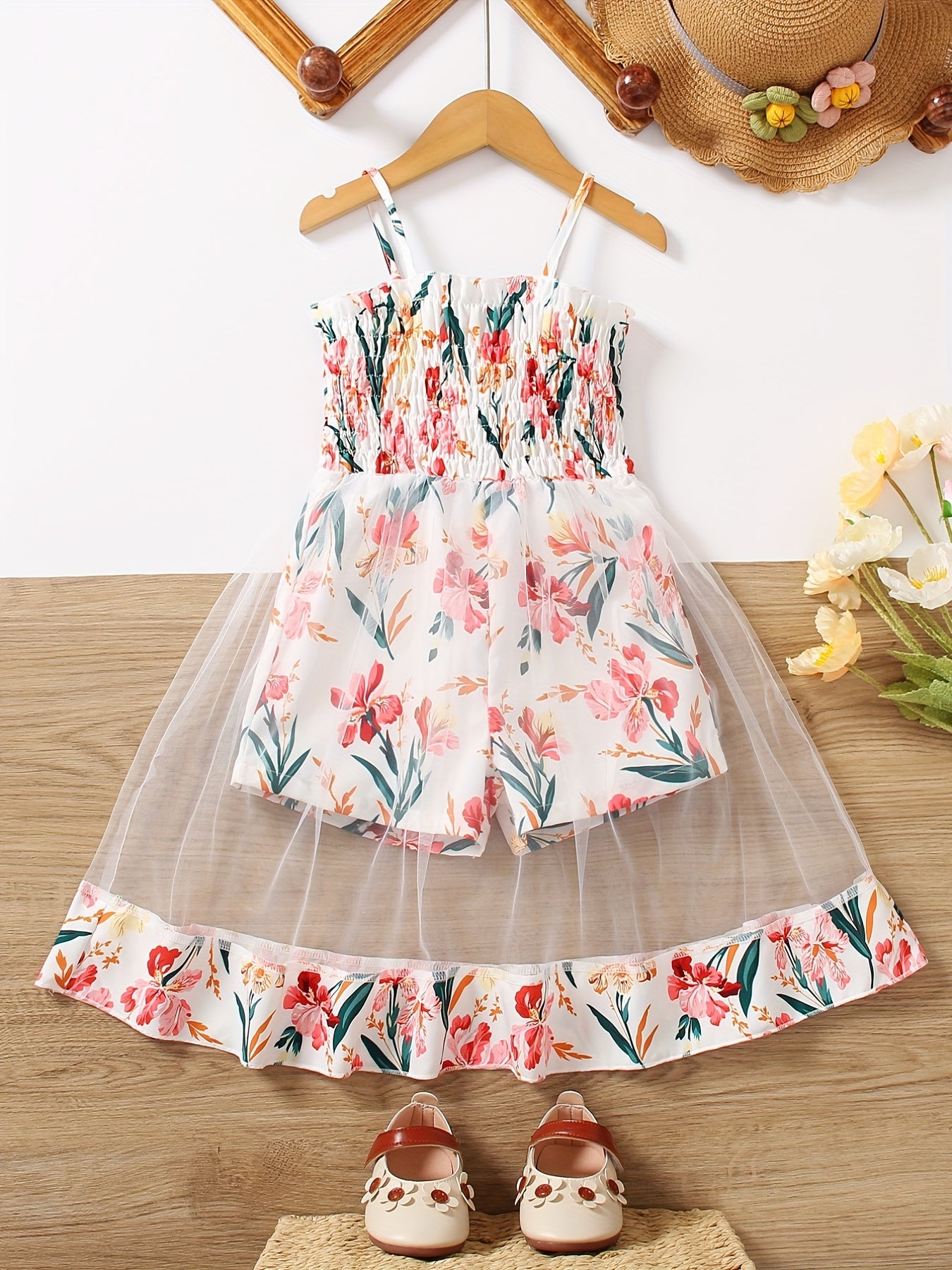 Toddler Girls Flowers Graphic Frill Trim Shirred Mesh Spliced Cami Rompers