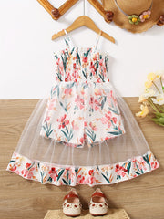 Toddler Girls Flowers Graphic Frill Trim Shirred Mesh Spliced Cami Rompers