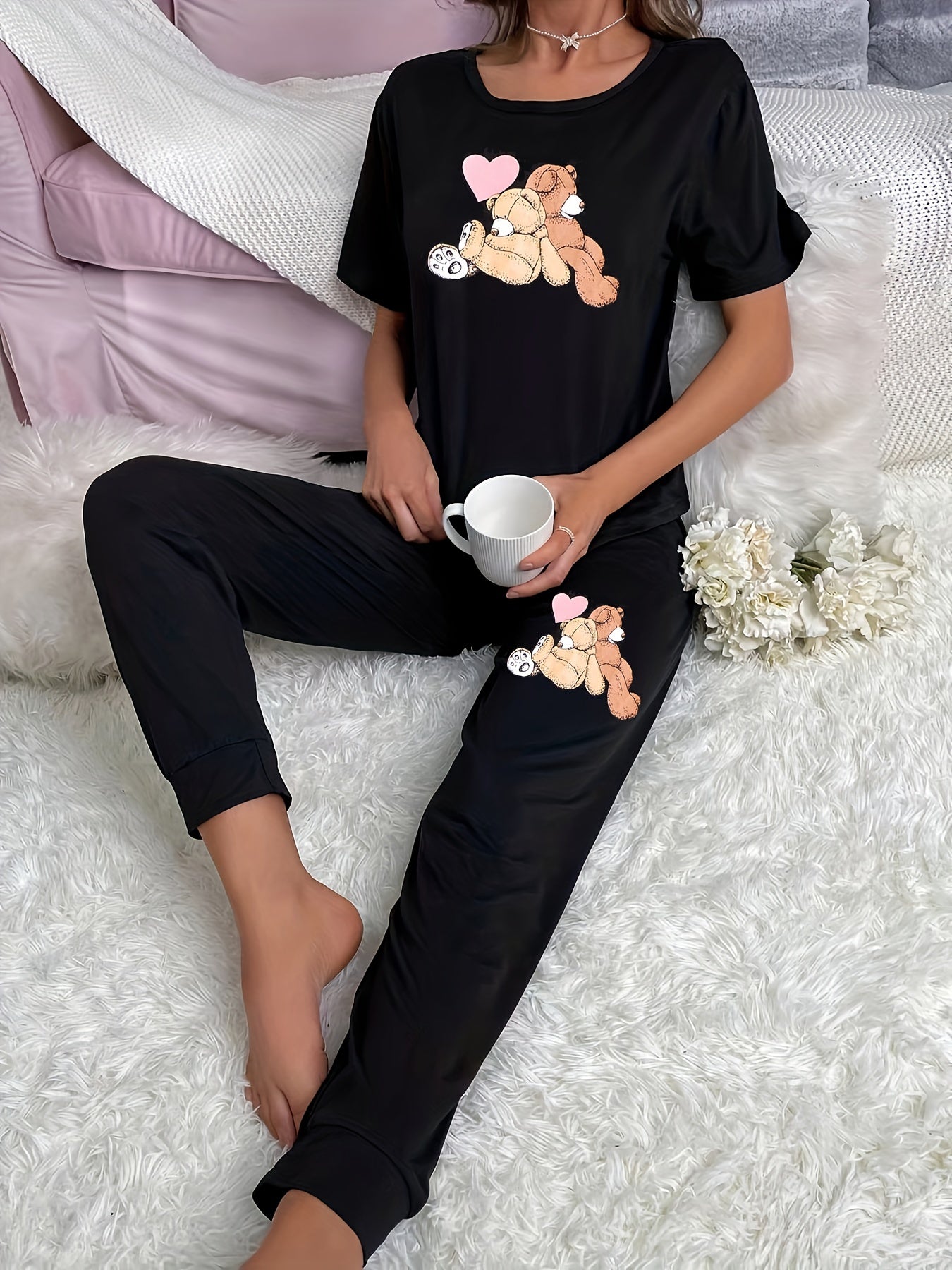 Bear Print Pajama Set Short Sleeve Crew Neck Top & Pants