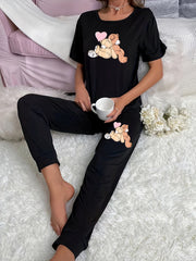 Bear Print Pajama Set Short Sleeve Crew Neck Top & Pants