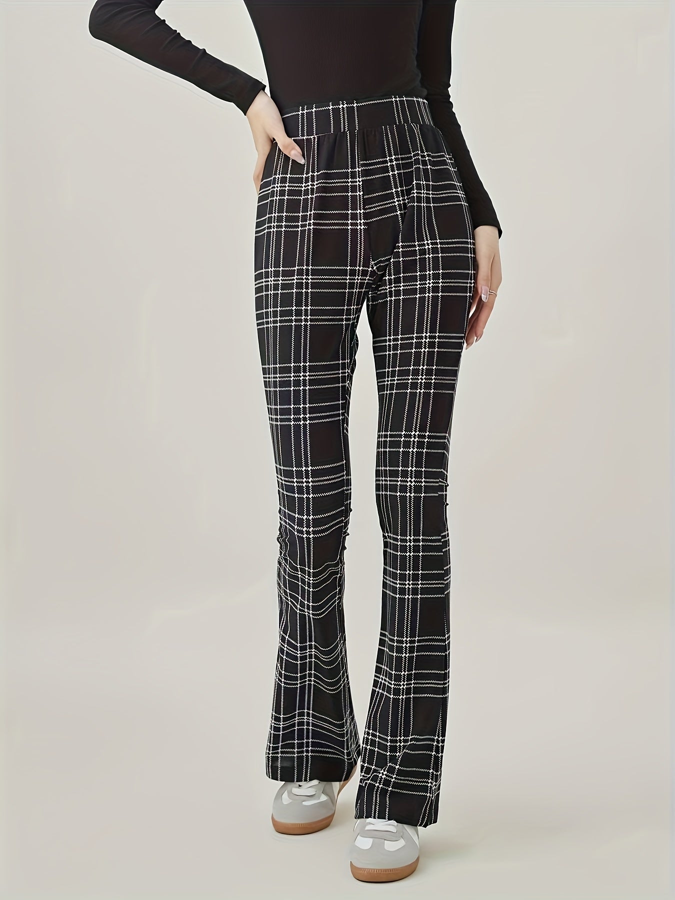 Plaid Print High Rise Fitness Flared Leg Trousers