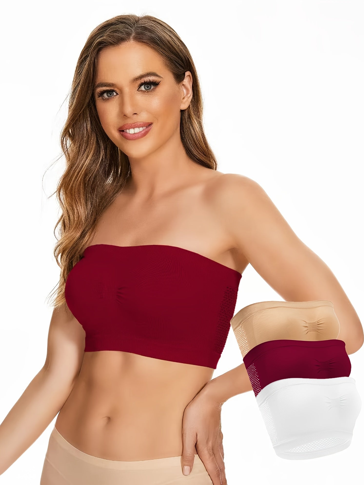 Women's Plus Size Tube Bra Set 3 Pack, Contrast Mesh Strapless Bandeau Bra Set
