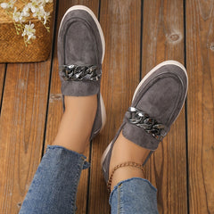 Women's Metallic Chain Decor Loafers Slip On Low Round Toe Solid Soft Sole Shoes