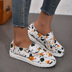 Women's Halloween Canvas Sneakers Ghost Face Pumpkin Print Low Top Flats