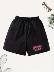 Girls' Happy Bear Graphic Shorts Outwear Elastic Waist Summer Shorts