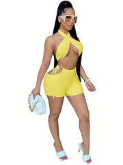 Sexy Lace Up Halter Top & Cut Out Shorts Set