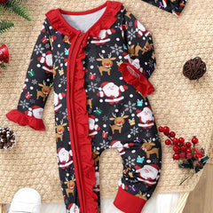 Cartoon Print Christmas Baby Girl Jumpsuit Set with Headband