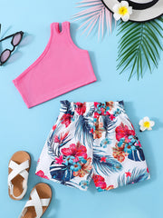 2pcs Girls Cut Out Crop Top & Floral Shorts Set Summer Clothes