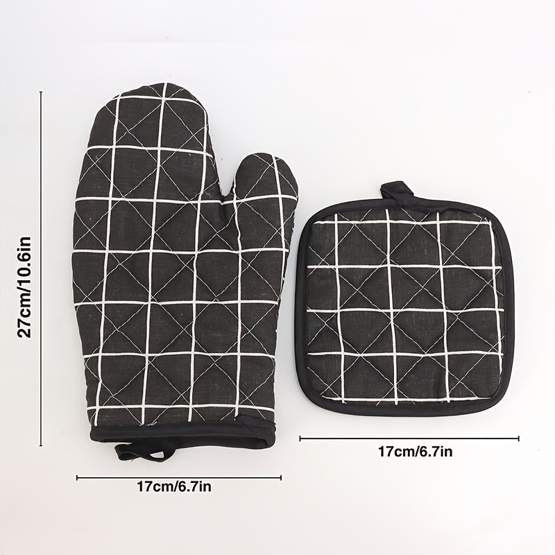 Plaid Pattern Kitchen Baking Gloves Set with Heat Insulation Mat