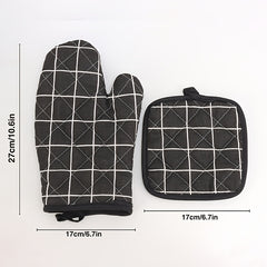 Plaid Pattern Kitchen Baking Gloves Set with Heat Insulation Mat