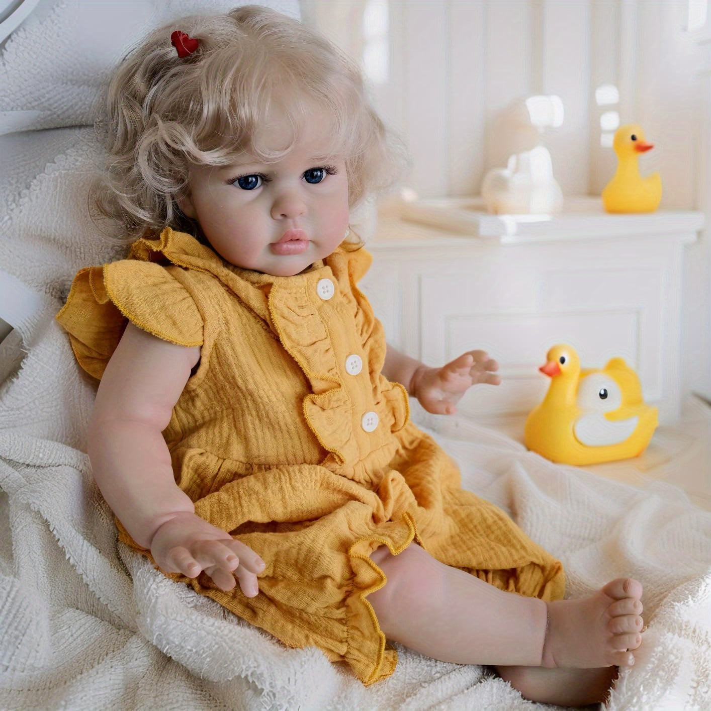 Realistic Reborn Doll Soft Touch Cuddly Girl with Curly Blonde Hair Yellow Dress
