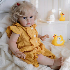 Realistic Reborn Doll Soft Touch Cuddly Girl with Curly Blonde Hair Yellow Dress