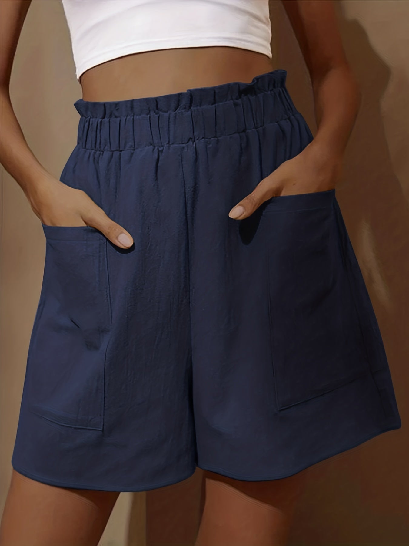 Boho Smocked Shorts Elastic High Waist Ruffle Trim with Pockets