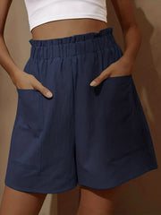 Boho Smocked Shorts Elastic High Waist Ruffle Trim with Pockets