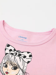 Girls Biker Girl Print Long Sleeve Top & Heart Print Trousers Cotton Pajamas Set