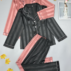 Striped Satin Pajama Set Long Sleeve Top & Pants Women's Sleepwear