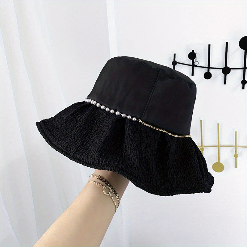 Bucket Hat Faux Pearl Chain Decor Casual Sunscreen Travel Beach Hats