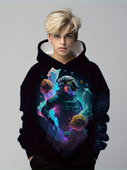 Astronaut Pattern Hoodie For Kids Casual Pullover Hooded Long Sleeve Top