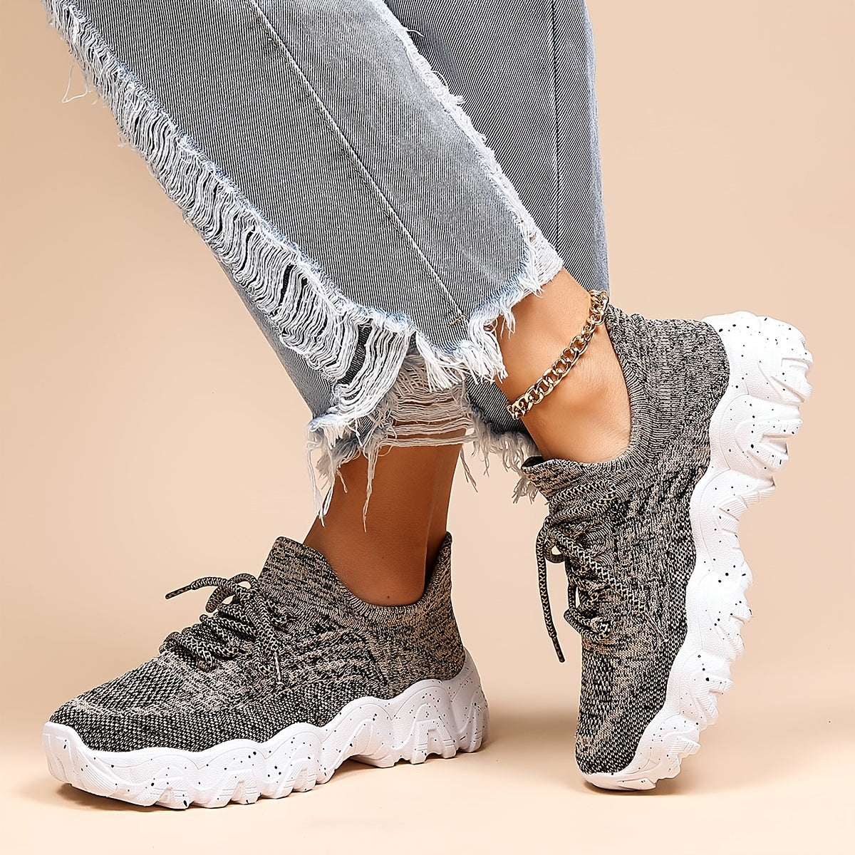Women's Platform Knit Sneakers Low Top Lace Up Casual Shoes