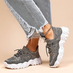 Women's Platform Knit Sneakers Low Top Lace Up Casual Shoes