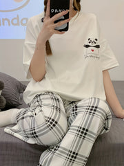 Panda Print Pajama Set Short Sleeve Top & Plaid Pants