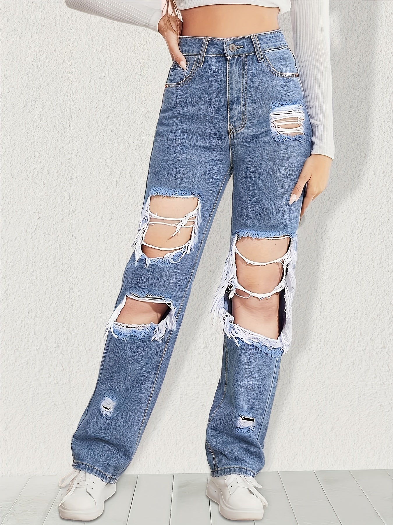 High Waist Distressed Straight Jeans