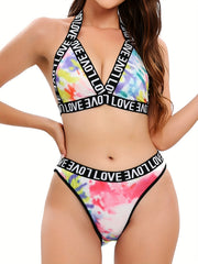 Rainbow Print Halter Push Up Bra & Panties Set
