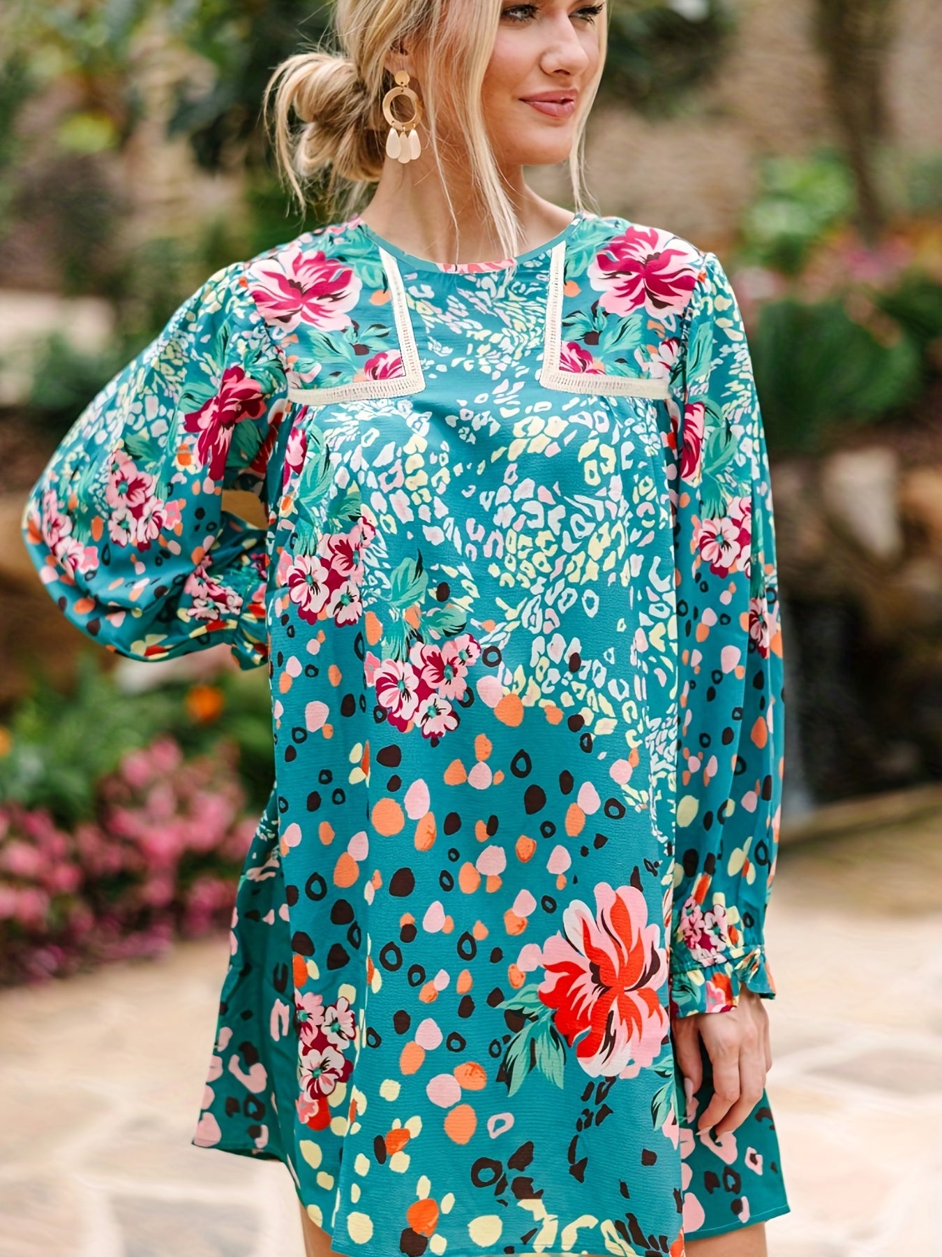 Plus Floral Print Long Sleeve Tee Dress
