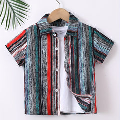 Block Print Boys Shirt Casual Short Sleeve Button Down Lapel Shirt Boys