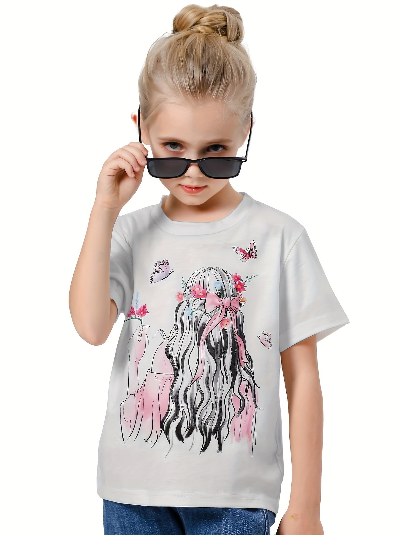 Cute 3D Cartoon Girl Crew Neck T-shirt for Girls