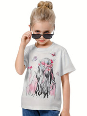 Cute 3D Cartoon Girl Crew Neck T-shirt for Girls