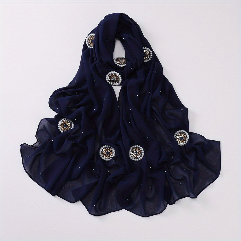 Faux Pearl Chiffon Hijab Scarf Solid Shawl Head Wrap Turban for Women