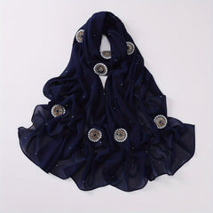 Faux Pearl Chiffon Hijab Scarf Solid Shawl Head Wrap Turban for Women