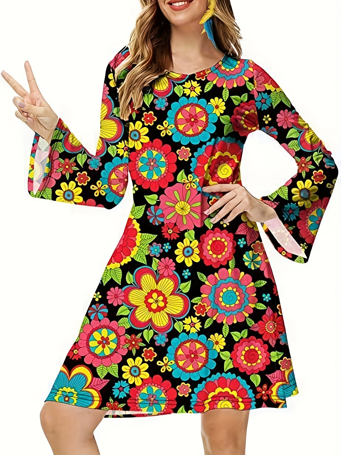 Floral Print Bell Sleeve Plus Size Dress