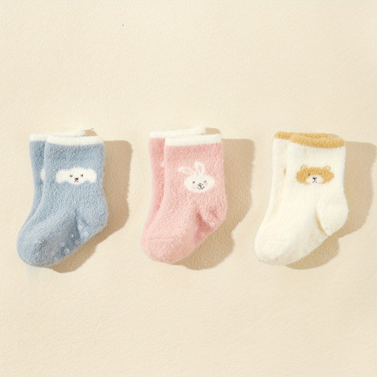 3pairs Baby Girls Cartoon Plush Non-slip Floor Socks for Autumn and Winter