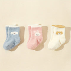 3pairs Baby Girls Cartoon Plush Non-slip Floor Socks for Autumn and Winter